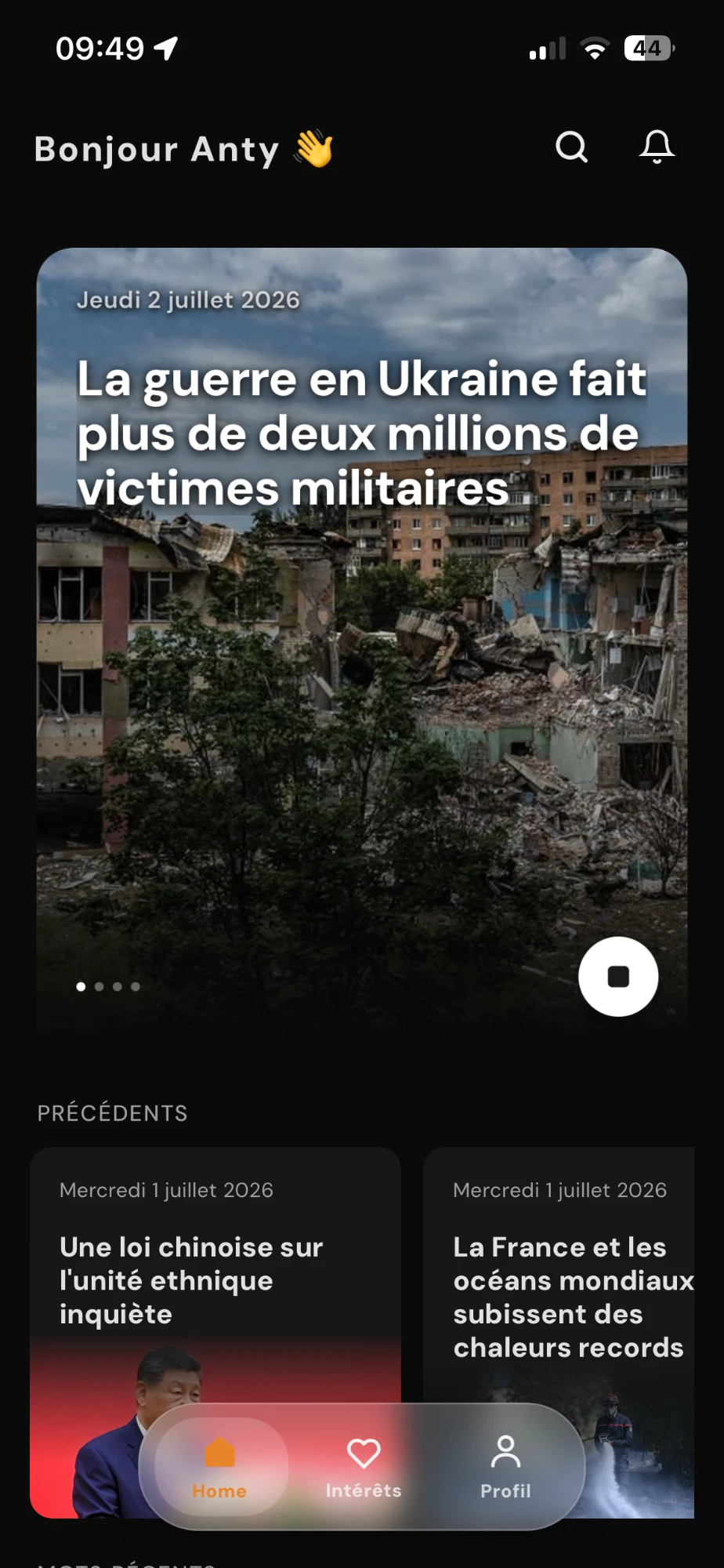 Écran d'accueil BREEFR avec l'édition du jour